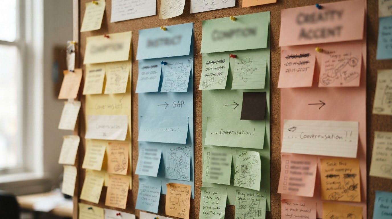 Close-up of a storyboard-style sticky notes with hook traits