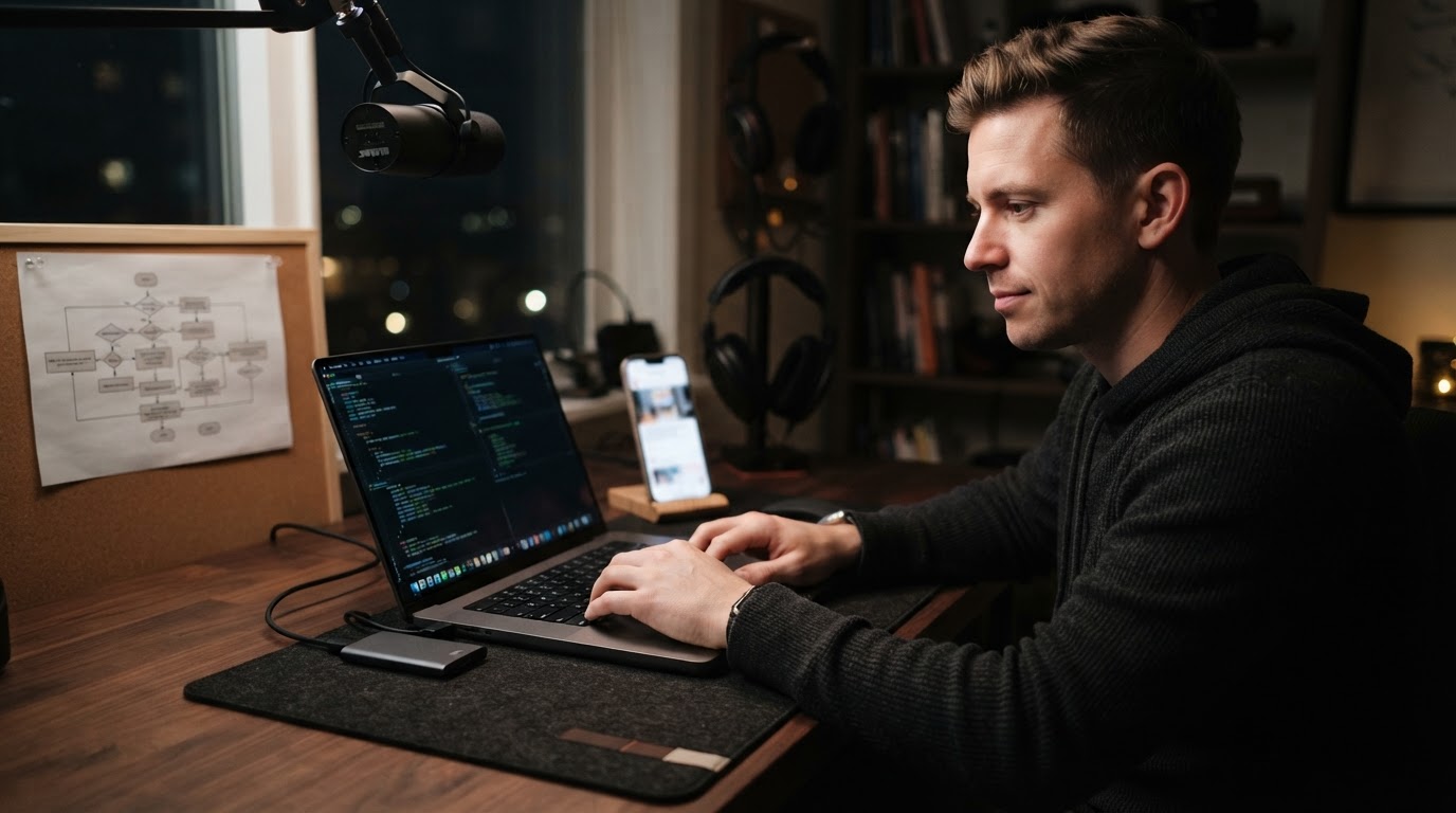 Founder using a laptop terminal and phone to batch-create ads