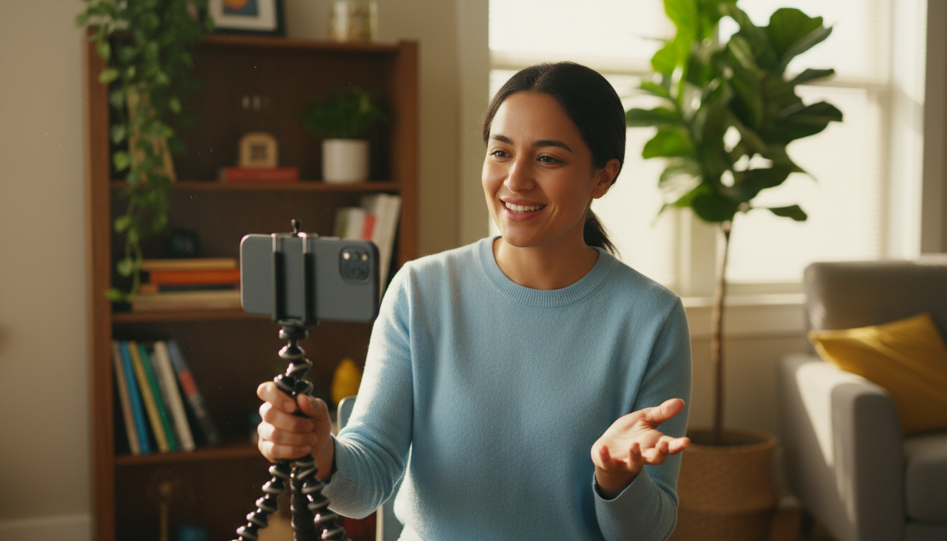 Close-up of a creator filming an authentic testimonial on a phone in a lived-in room