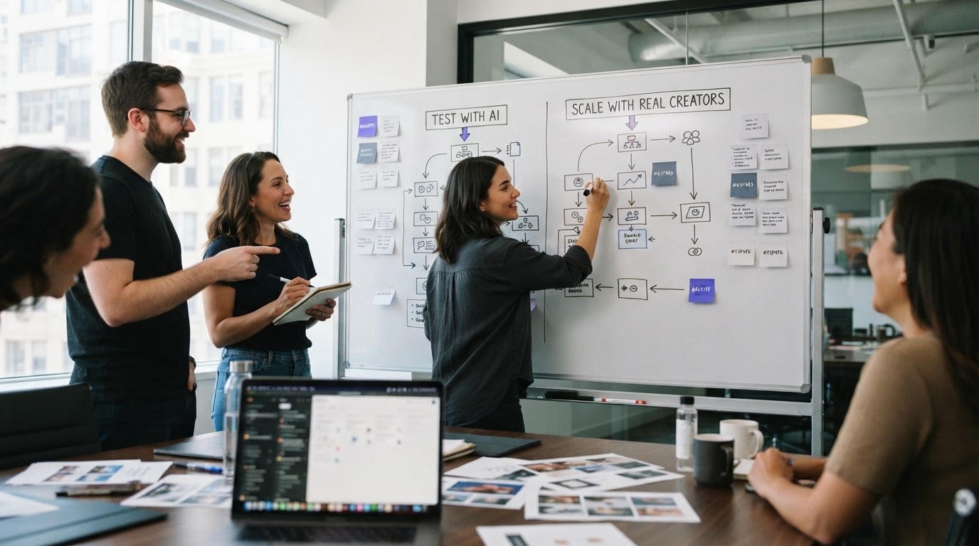 Whiteboard session mapping when to use AI UGC vs real UGC in a marketing team