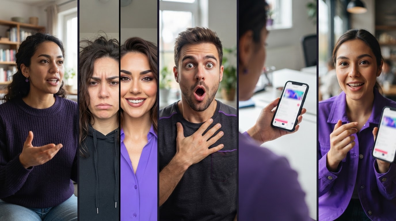 Collage of five distinct short-form clip types: talking-head, before-and-after split, reaction shot, screen recording device, and educational tip card represented by a person holding a phone