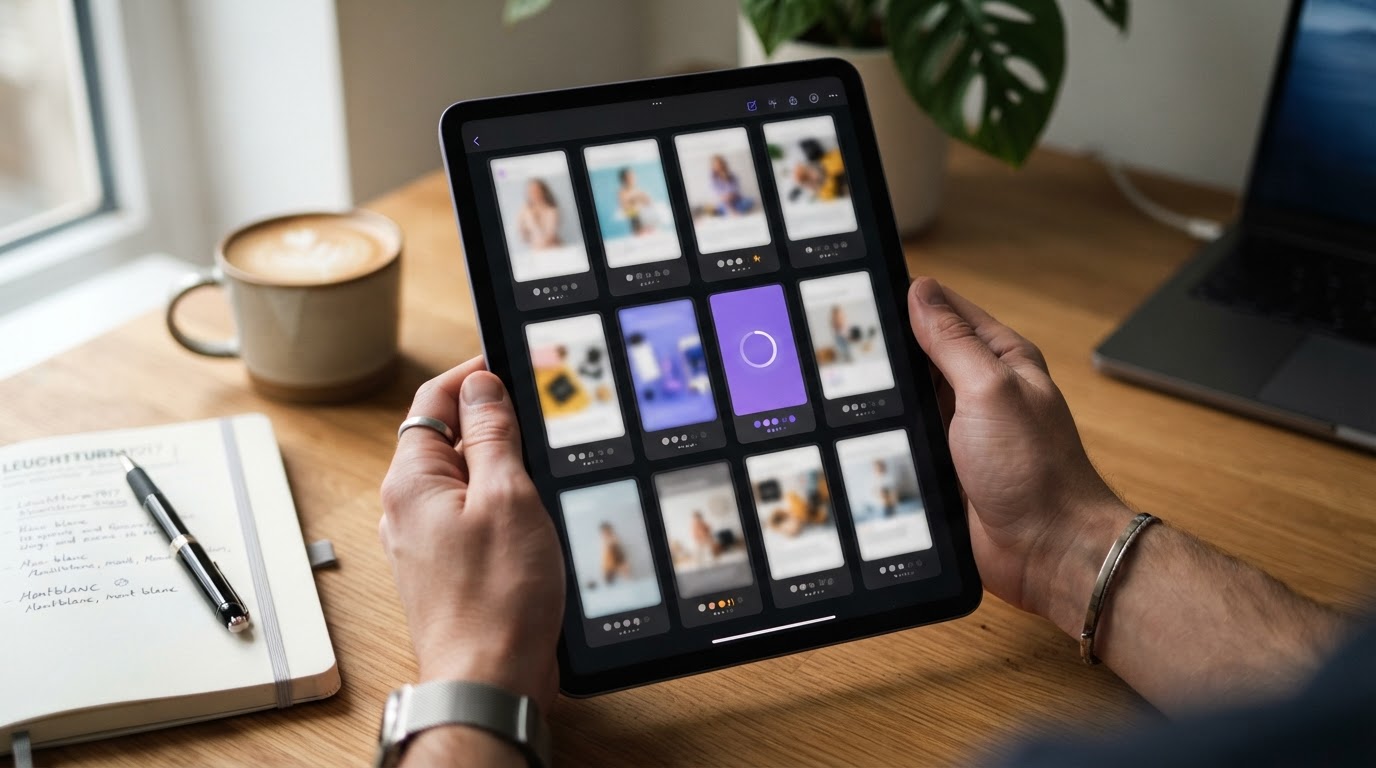 Close-up of a user reviewing ad drafts on a tablet with small score badges and template thumbnails visible but unreadable