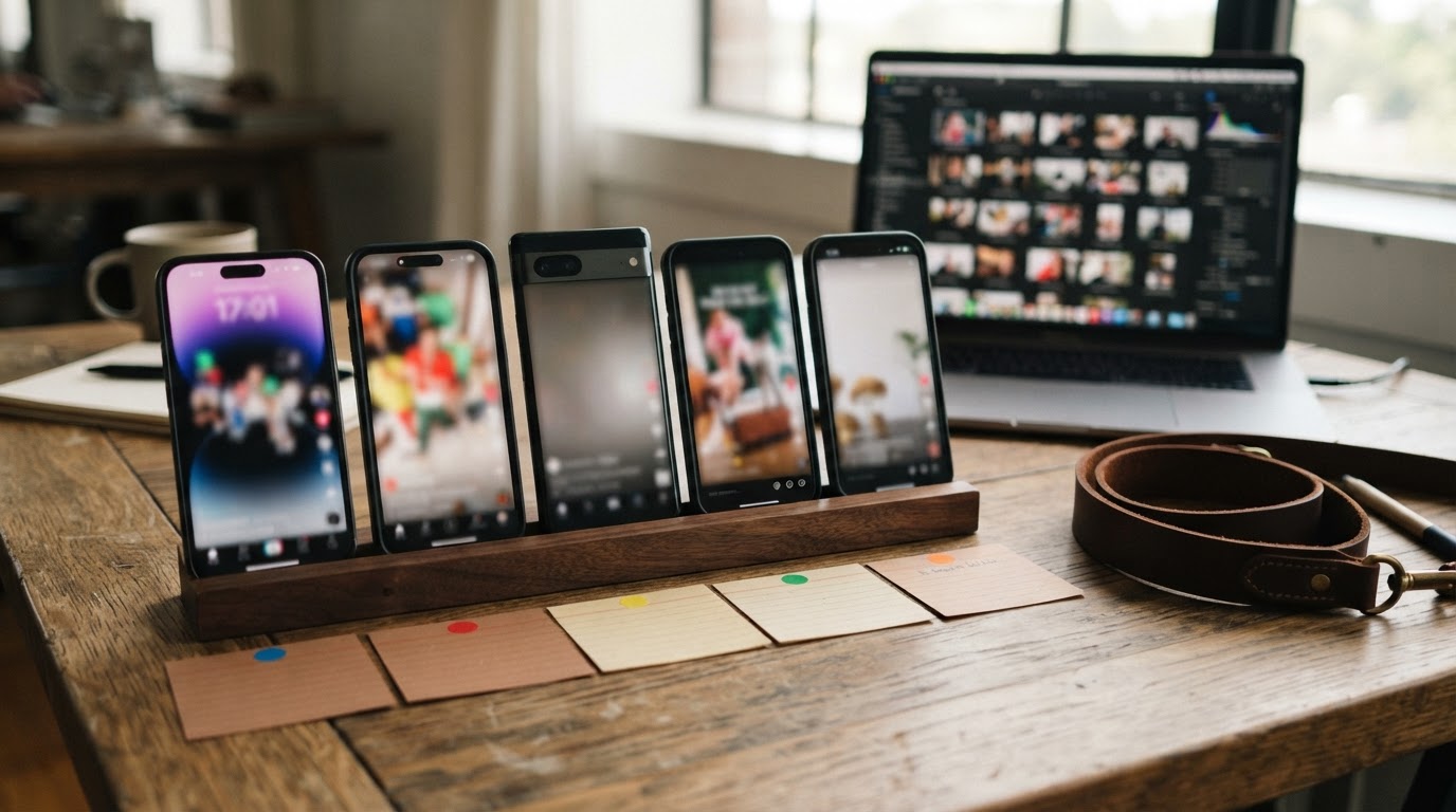 Small batch of vertical ad drafts on multiple phones and labeled index cards showing hook variants