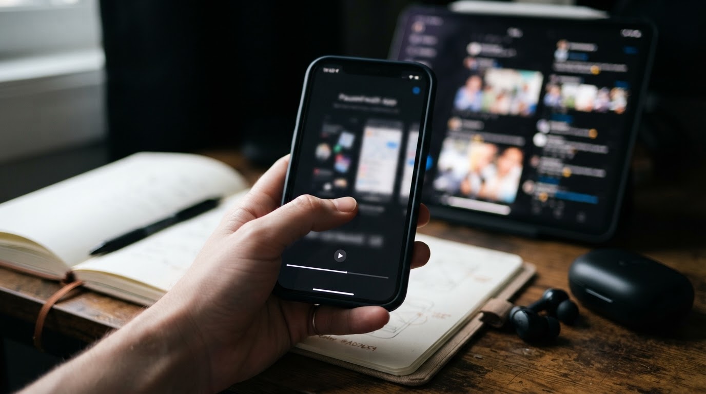 Close-up of a vertical phone showing a long, slow app walkthrough being ignored in a busy feed