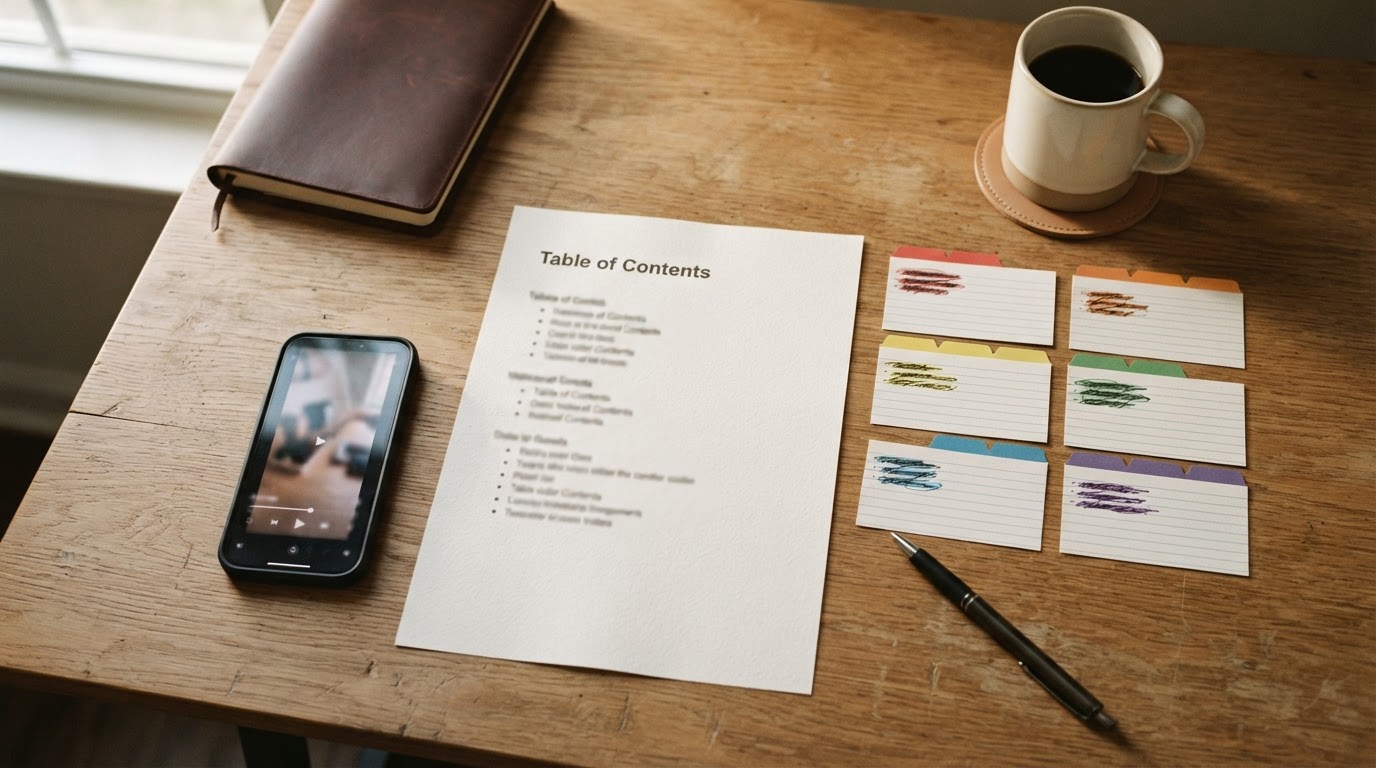 Organized workspace with printed outline and index cards for an article's table of contents