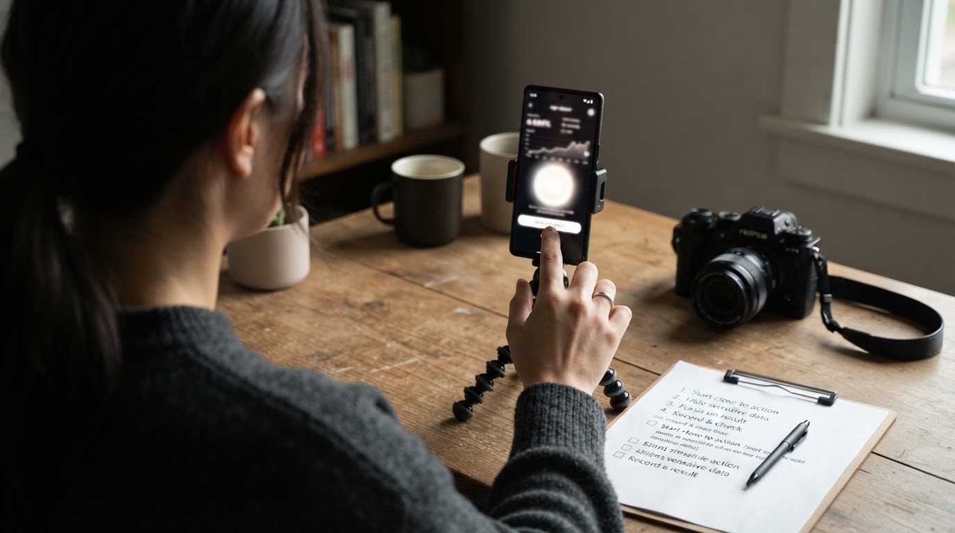 Over-the-shoulder shot of a person recording a phone screen demo, focusing on action start point and legibility