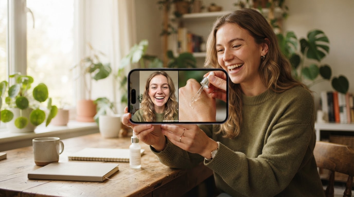 Close-up phone-shot style still showing a casual creator filming a hook and then switching to a product demo