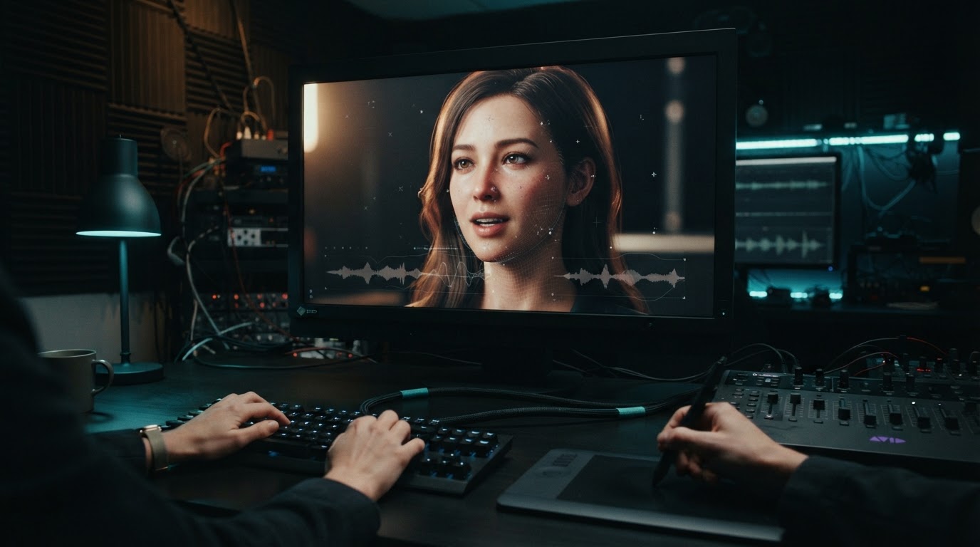 Photorealistic studio-style portrait of a digital human avatar being adjusted in an interface, showing facial rigging landmarks subtly
