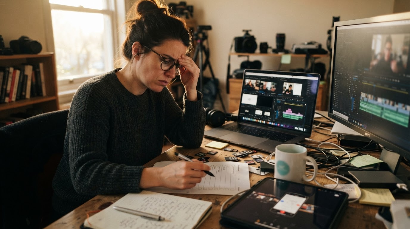 Workspace mess demonstrating fragmented workflow: multiple apps open, footage scattered, and a stressed solo founder