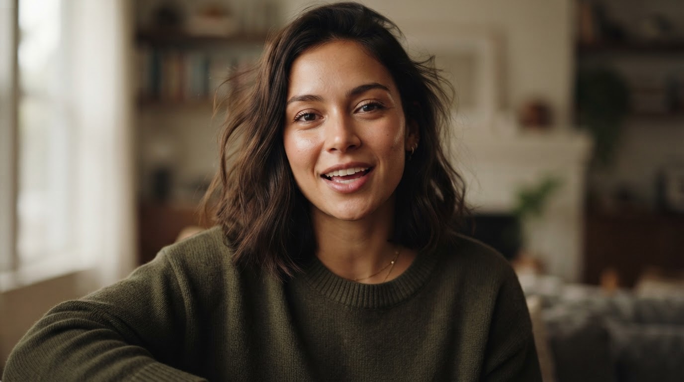 Close-up of a realistic AI avatar speaking as a UGC-style hook