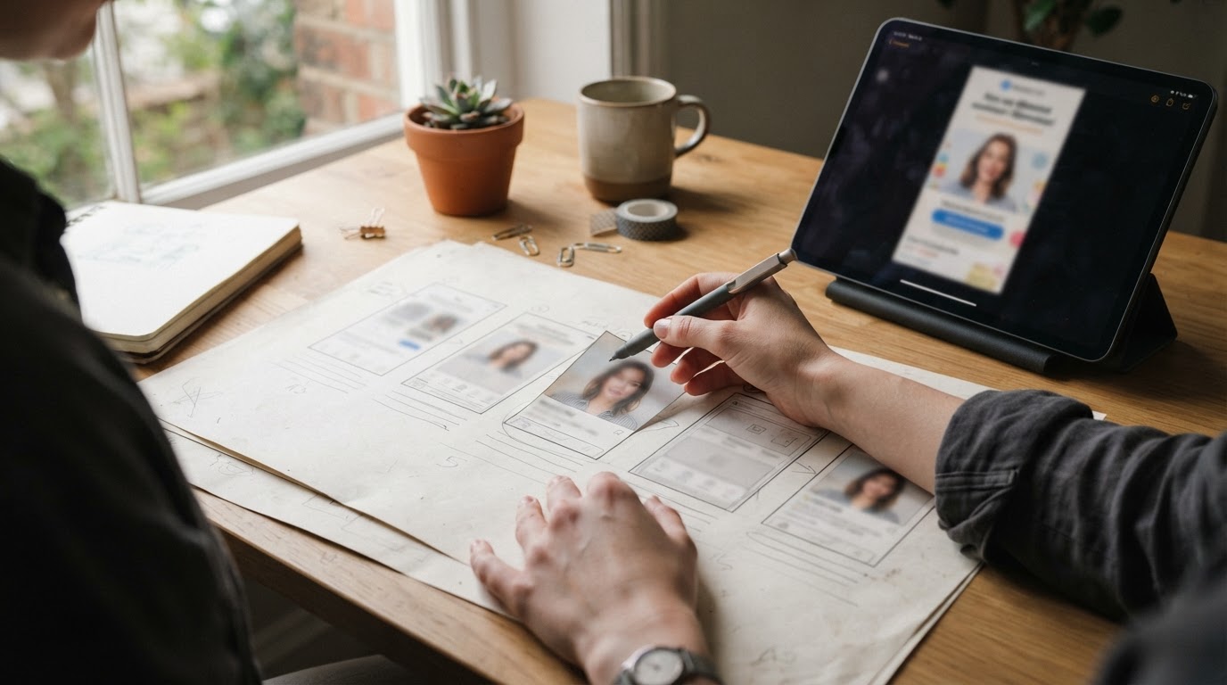 Generated short-form ad storyboard combining product screenshots and an AI spokesperson