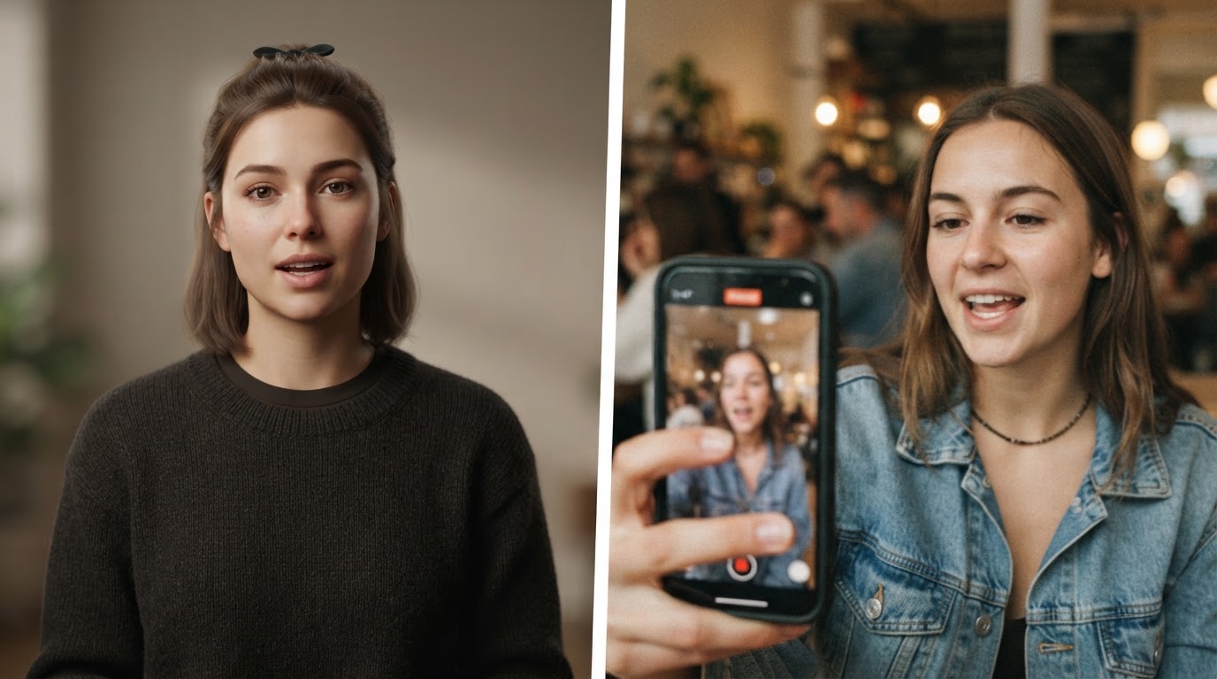 Split-scene showing AI-generated avatar and raw phone-shot UGC side by side