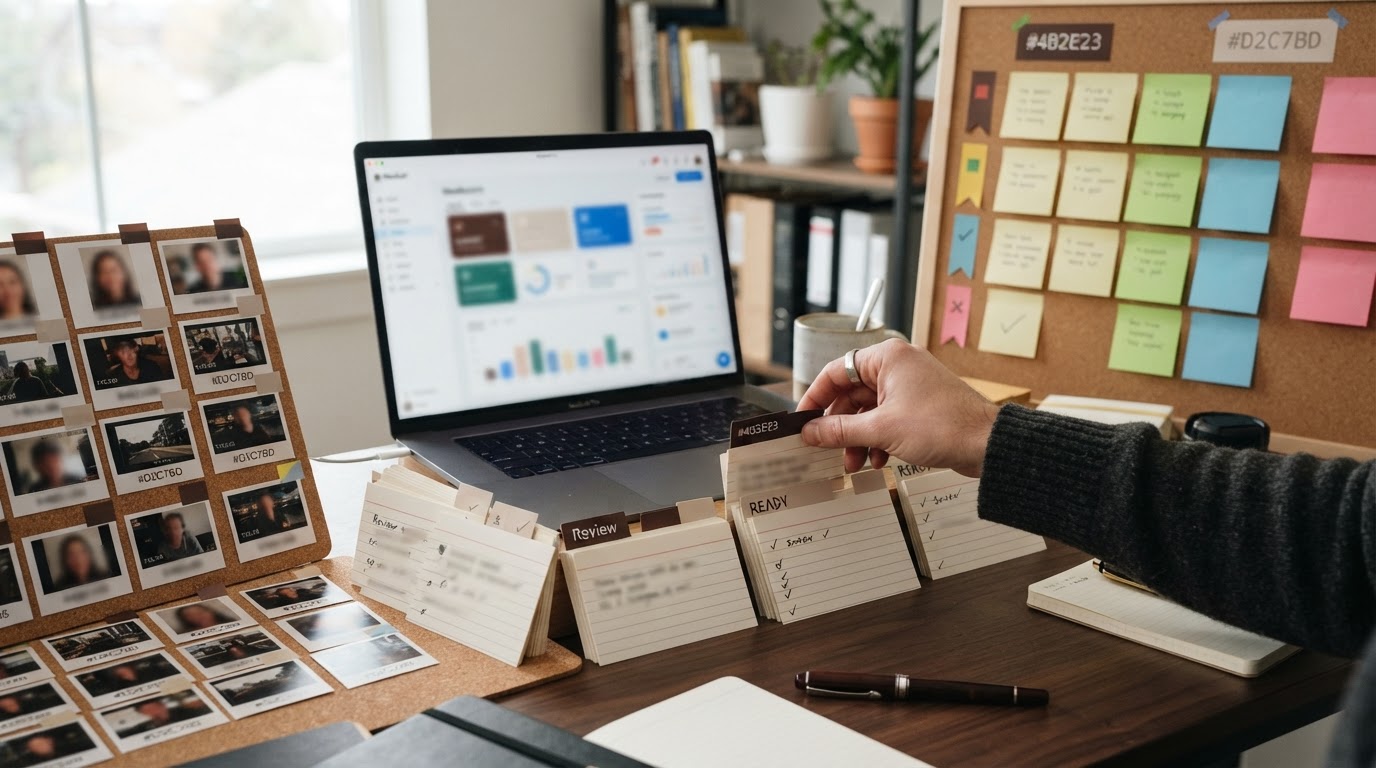 Workflow board and laptop with clip scoring dashboards and sticky-library cards