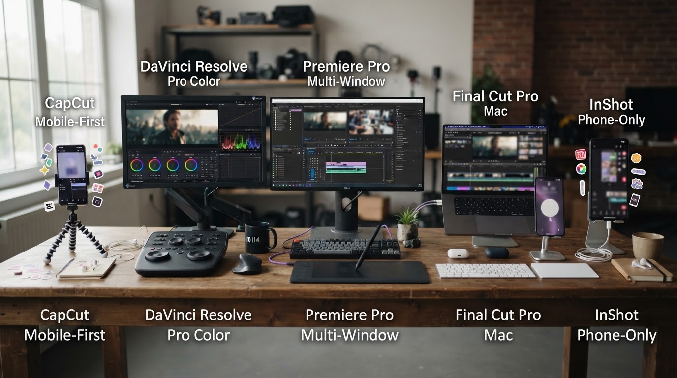 Five tool icons metaphorically represented by distinct editing workstations