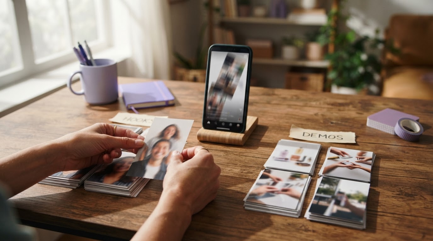 Clip library and pairing concept: labeled clip cards being matched with a product demo