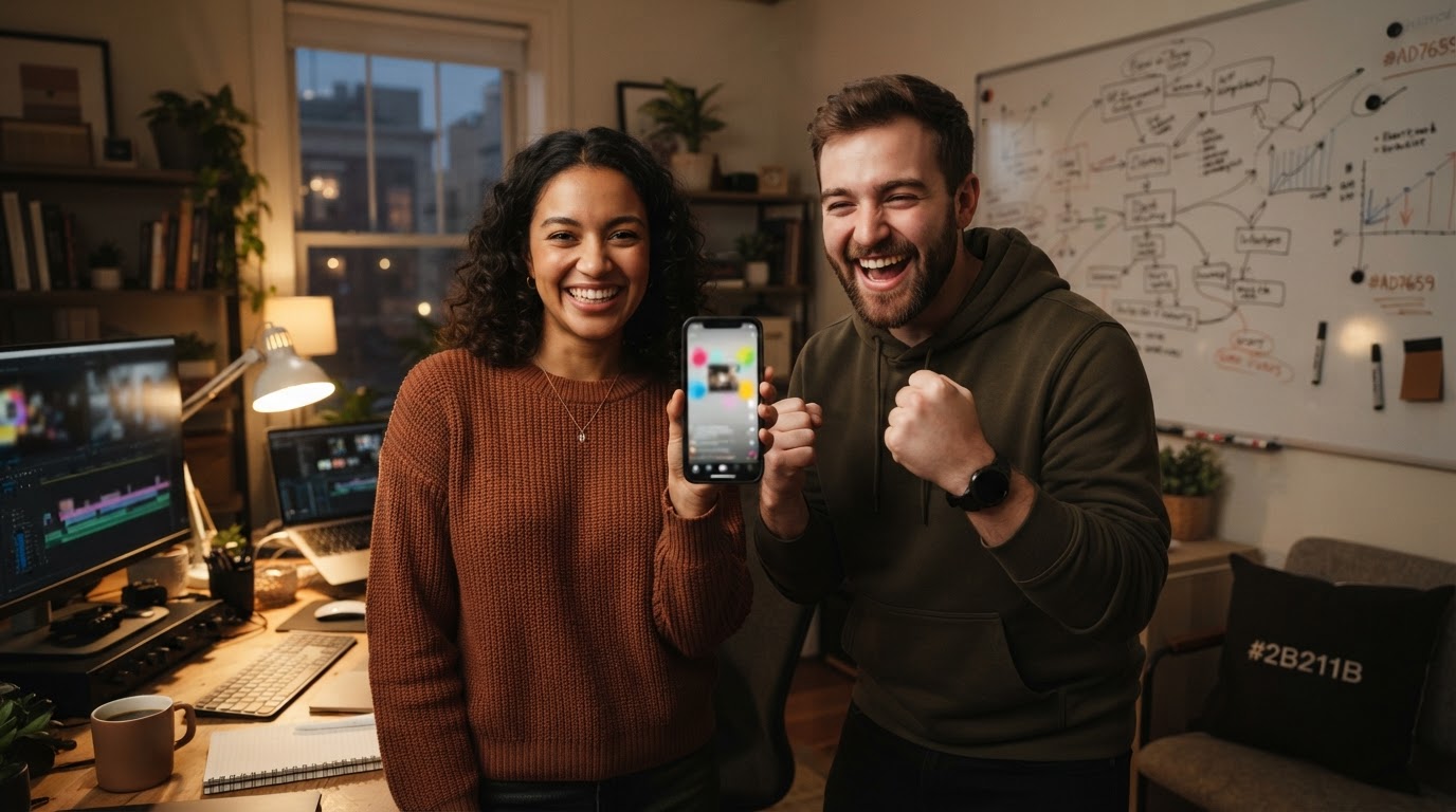 Small team celebrating a publishing milestone with a phone showing a finished vertical ad
