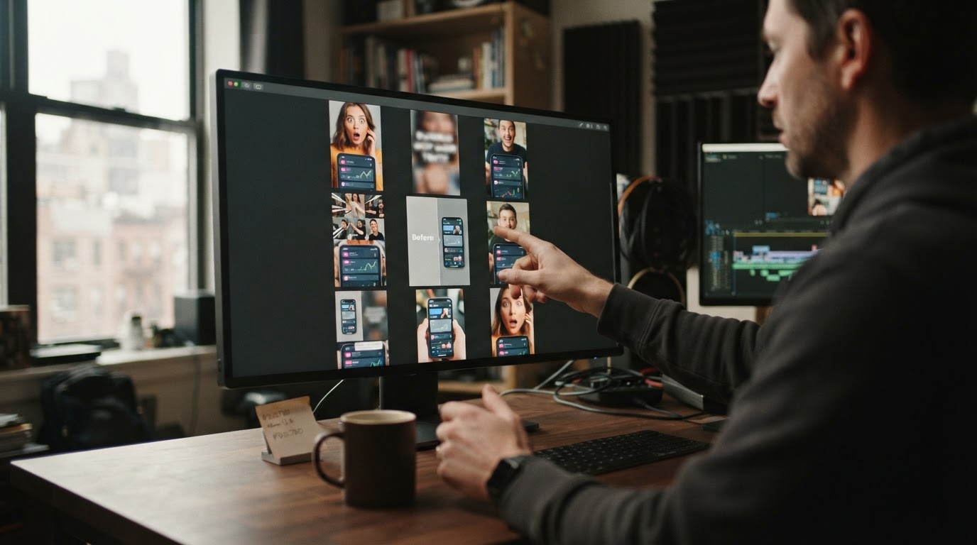 Grid of the same app demo used with different hook thumbnails showing varied openers