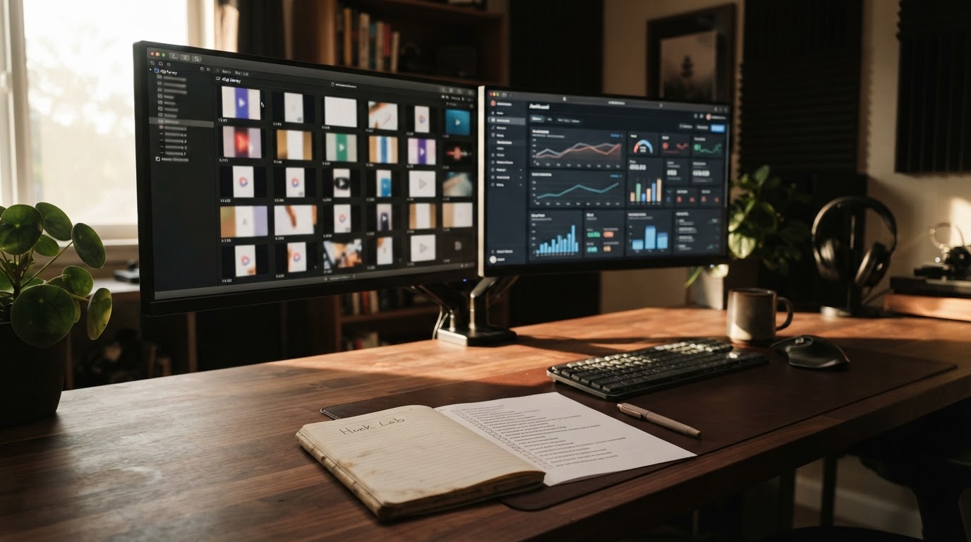 Workspace showing multiple tool windows: clip library, hook analysis, and stitch scoring dashboards