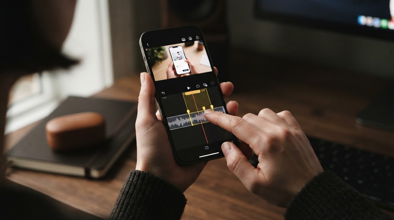 Close-up of a phone showing a trimmed app demo clip and timeline scrub controls
