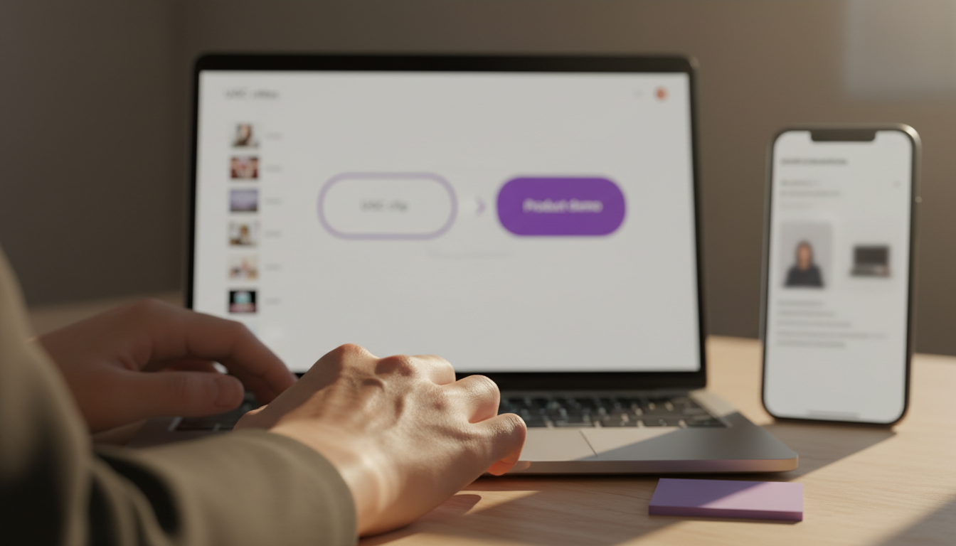 Hand pairing a UGC hook clip with a product demo clip on an interface preview