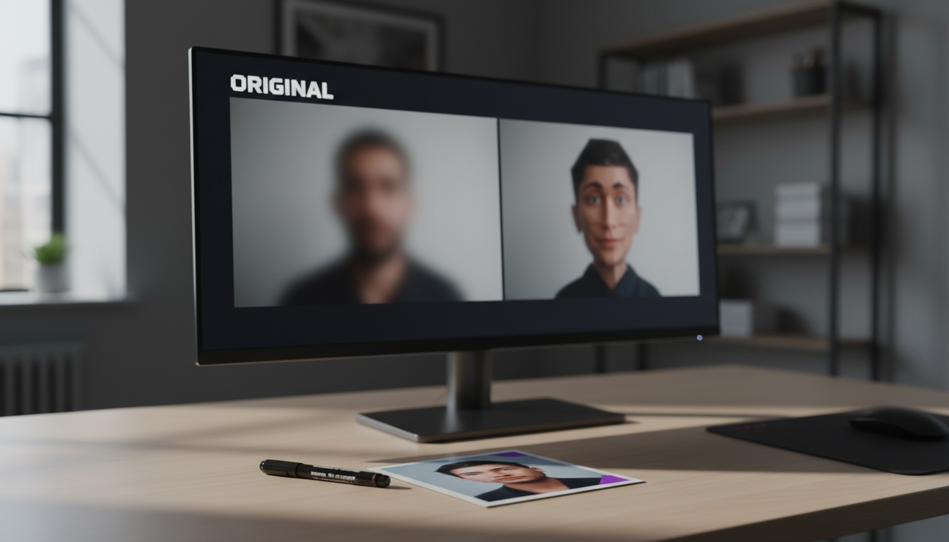 Side-by-side comparison of an original UGC frame and an avatar-swapped variation on a monitor