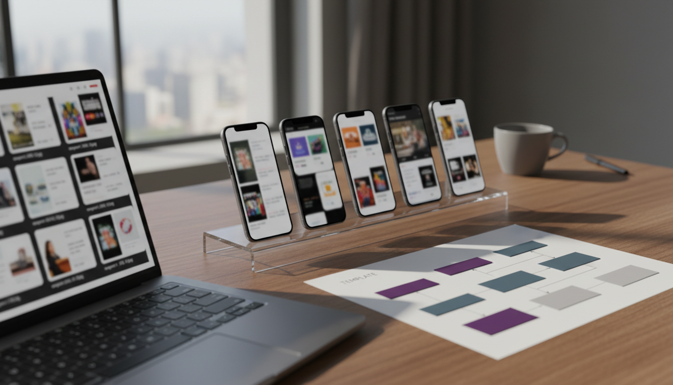 Workspace showing multiple finished vertical ad variants exported from a template workflow