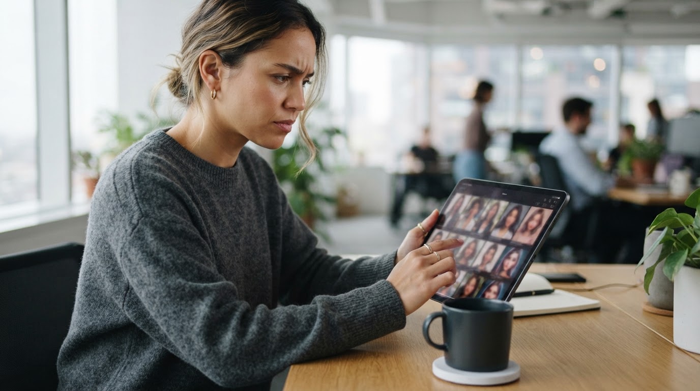 Organizer browsing a mixed library of real creator clips and AI-generated avatars on a tablet