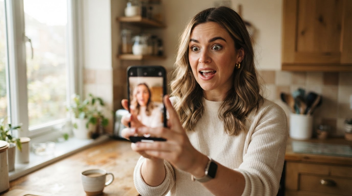 Close-up of a smartphone recording a vertical video of a person delivering a short hook in a kitchen