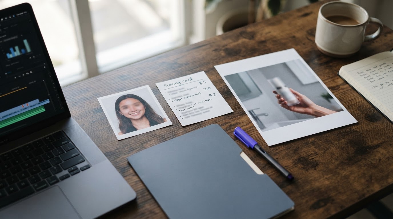 Workflow storyboard with an avatar, scoring card, and product demo thumbnails on a table