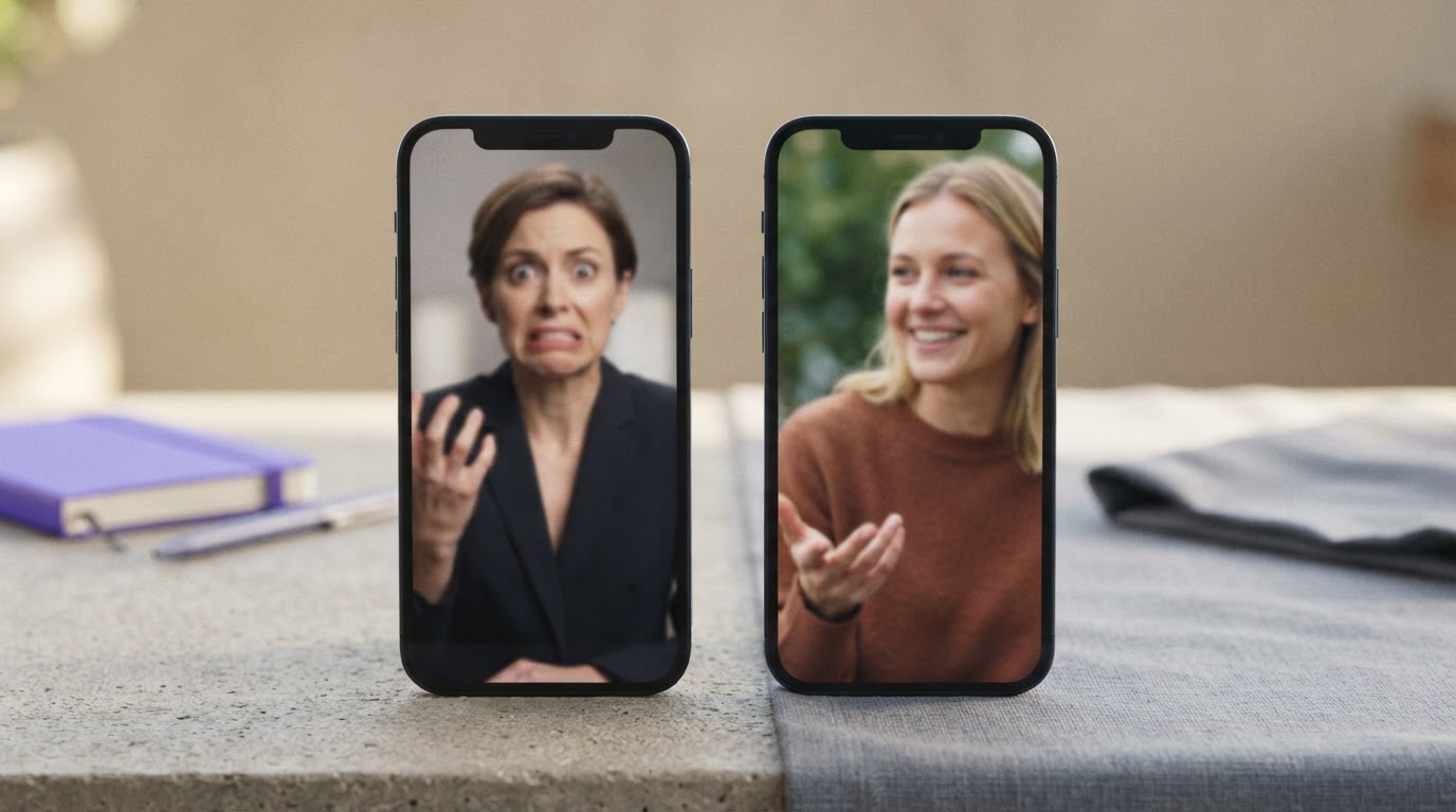 Two side-by-side phone videos showing a stiff scripted delivery and a natural conversational delivery