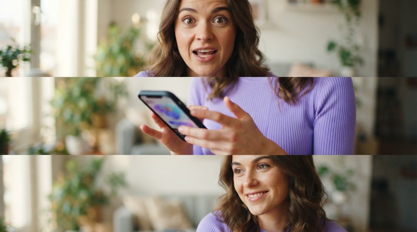 Sequence of a vertical short: punchy hook, product demo, soft close captured on phone