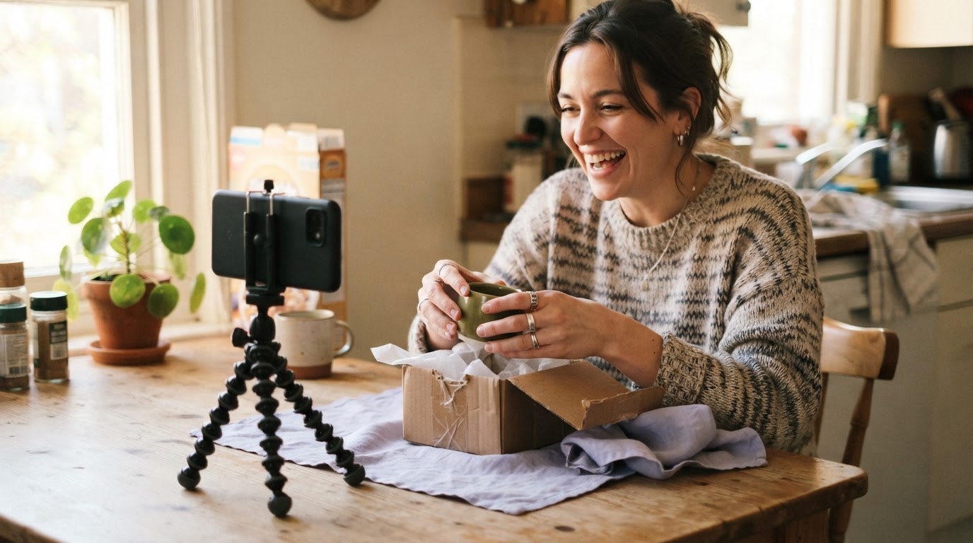 Someone filming an unboxing-style, authentic product moment on their phone