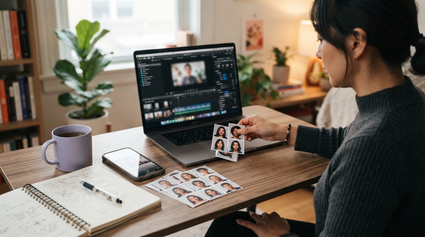 Workspace showing AI-generated avatar options and a creator importing avatar photos into a library