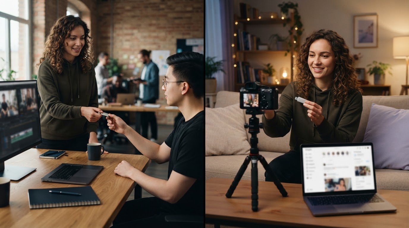 Split-scene comparison: brand-owned ad footage vs creator posting to their channel