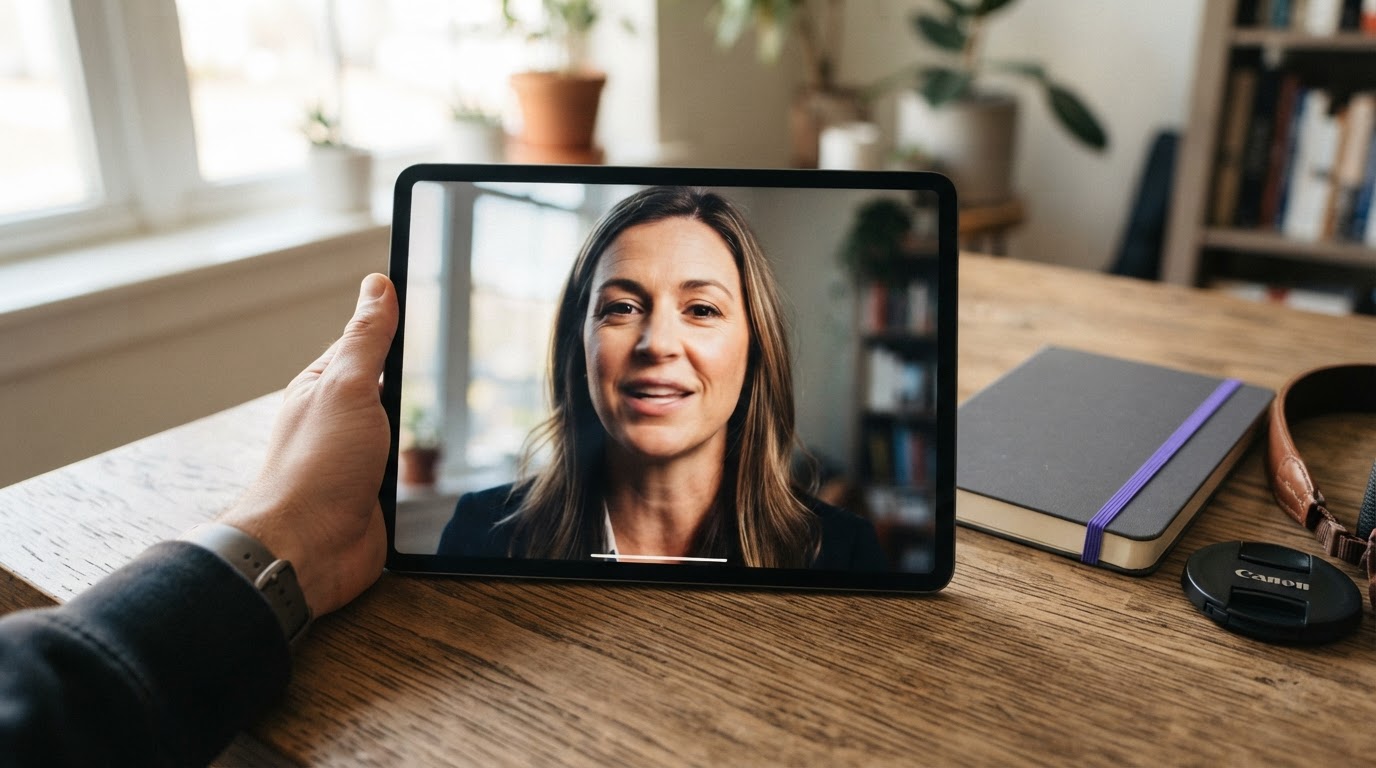 Photograph of a single headshot being animated on a tablet from still photo to talking head