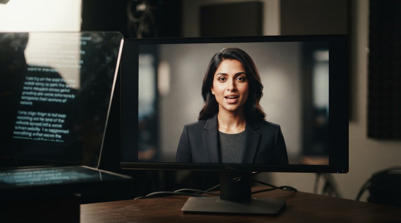 AI avatar on a screen speaking with a teleprompter-style script next to it