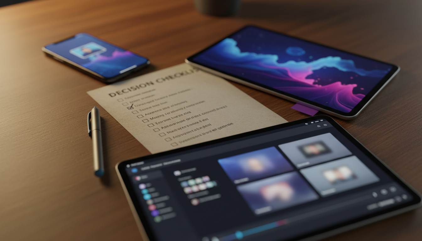 Decision matrix scene: printed checklist and three devices showing different video tool types (avatar, generative b-roll, UGC stitching)