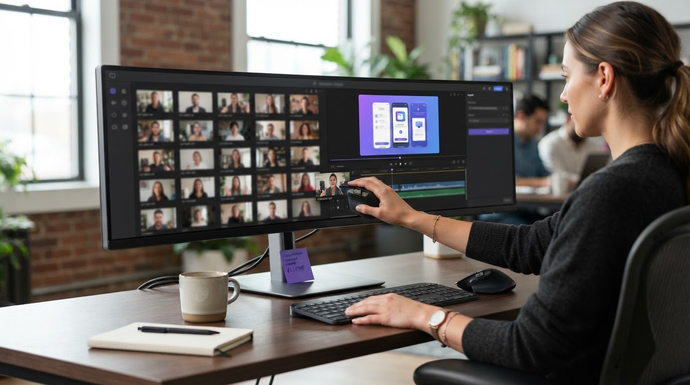 Marketer using ClipStitchr workflow: pairing a UGC opener clip with a product demo on the same screen