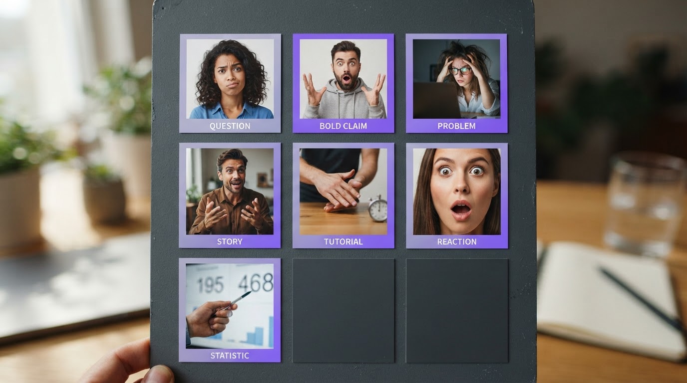 Grid of seven small vertical clip thumbnails illustrating different hook types (question, bold claim, problem, story, tutorial, reaction, statistic)
