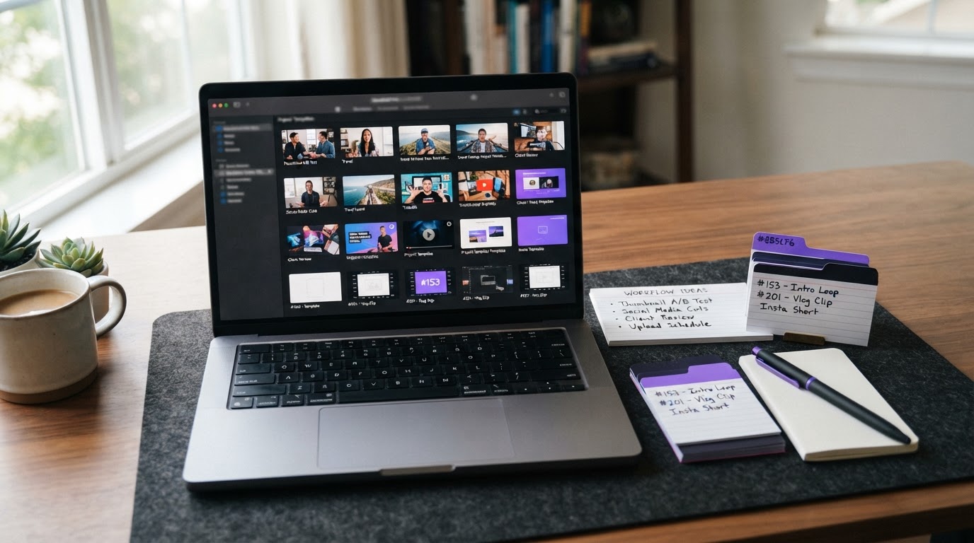 Workspace showing an organized clip library and templates on a laptop screen with tagged clips (no readable text)
