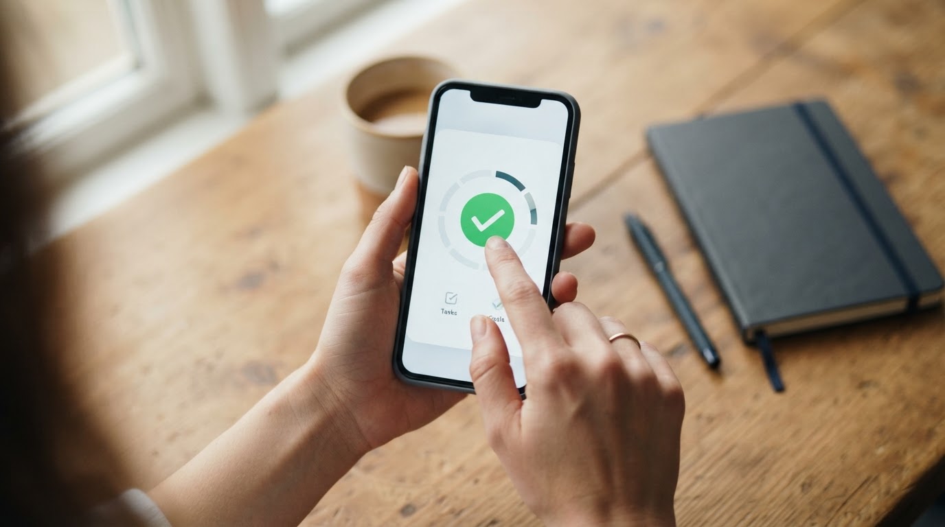 Close-up of hands interacting with an app on a phone showing a clear outcome moment