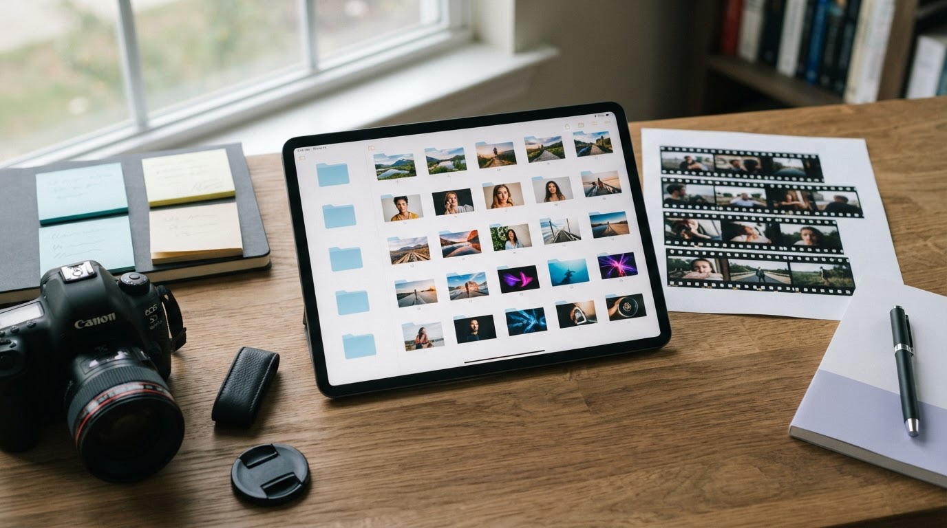 Organized digital library of clips and demos on a tablet surface