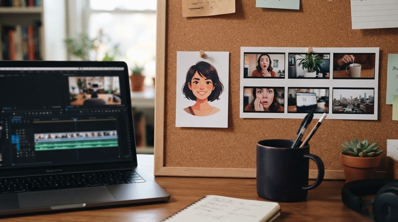 Generated avatar photo next to short reaction clips storyboard