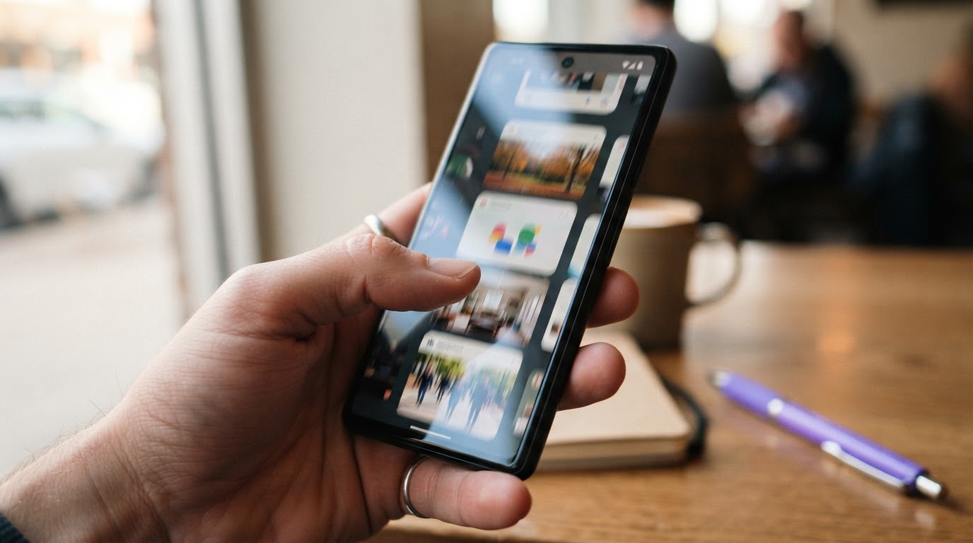 Vertical carousel of app screenshots and photos being swiped on a phone