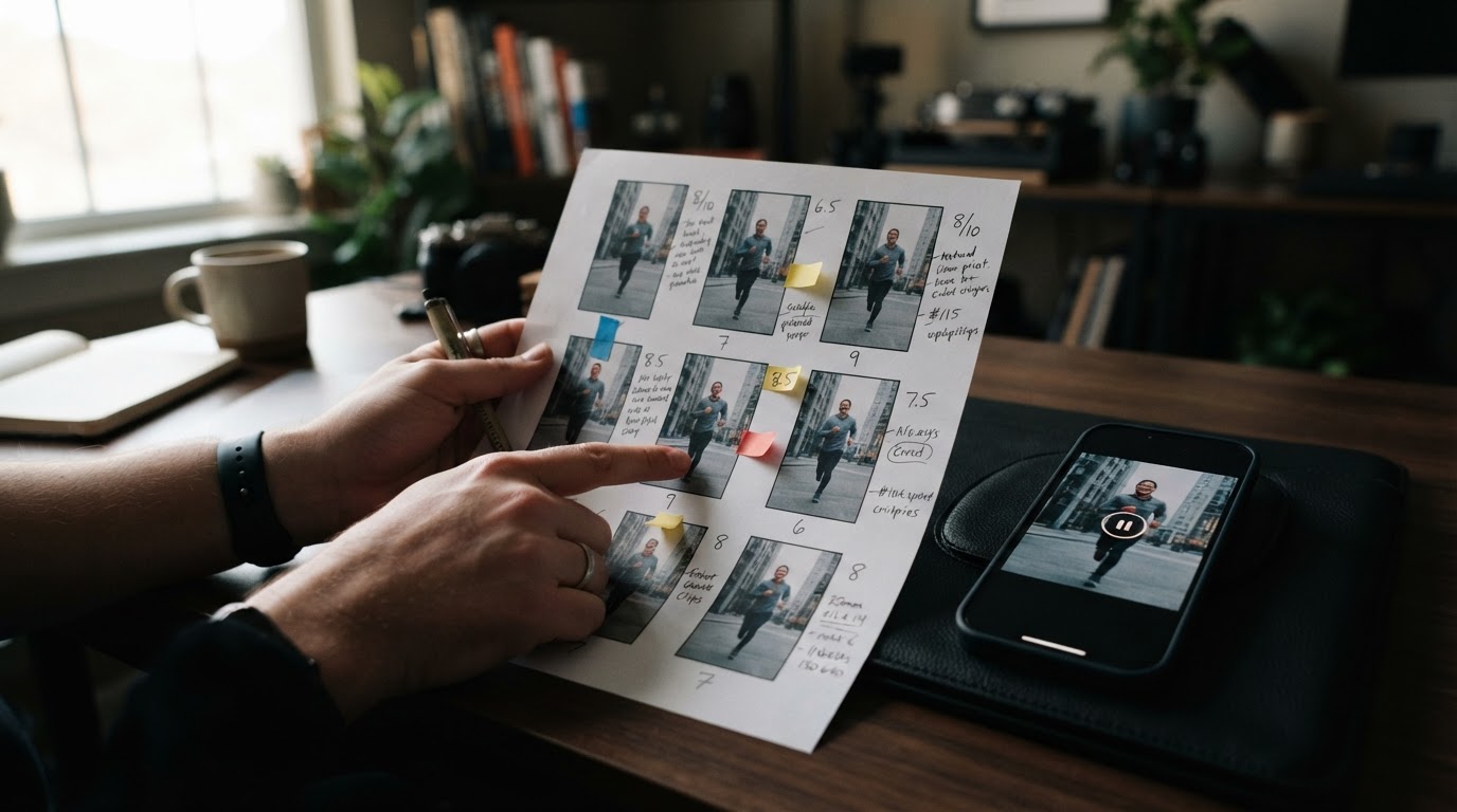 Marking up a draft vertical ad with score notes on paper and a phone preview
