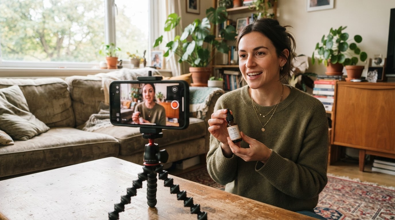 Creator filming a casual talking-head product testimonial in a living room