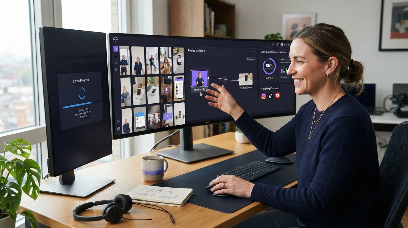 Marketer using a web app to pair UGC opener clips with product demos in a unified media library