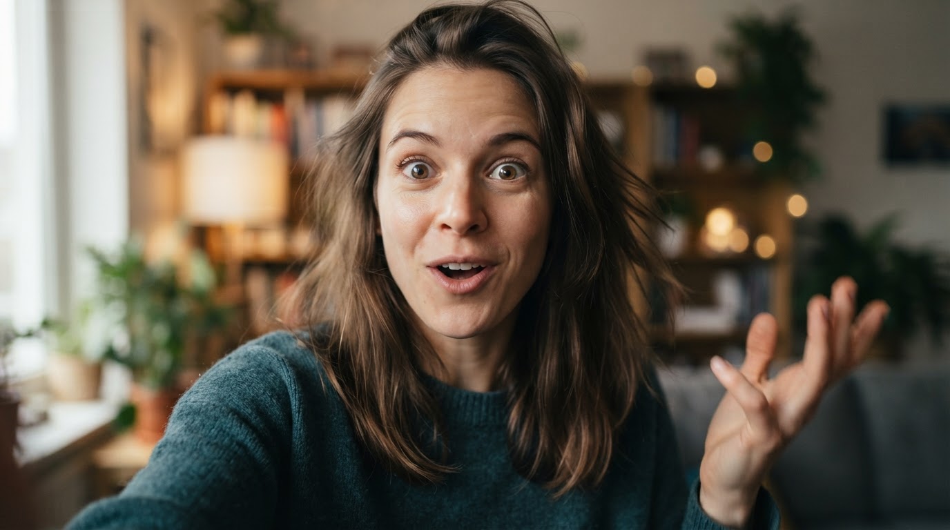 Close-up of an expressive creator mid-hook, surprised face at start of shot