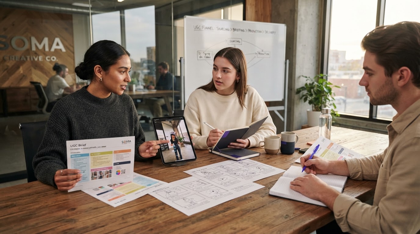 Team meeting where marketer briefs a creator and plans ad workflow