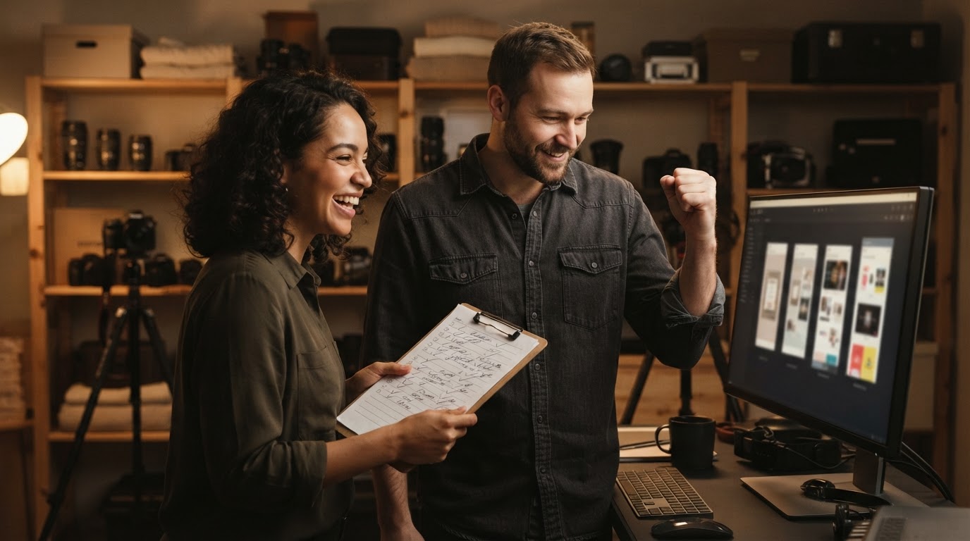 Small team celebrating over a monitor showing multiple finished vertical ad thumbnails (blurred)